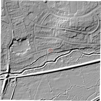 Shaded relief map of the ground around RG303JH, computed from Environment Agency LiDAR. The ground here sits at about 41 m above sea level and falls 12 m across the surrounding 800 m. Surface water reaching this point runs off ground lying to the north-east, 3.1 m higher.