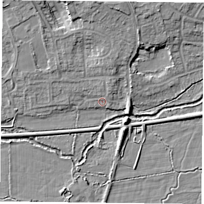 Shaded relief map of the ground around RG303NB, computed from Environment Agency LiDAR. The ground here sits at about 42 m above sea level and falls 10 m across the surrounding 800 m. Surface water reaching this point runs off ground lying to the north-north-east, 2.1 m higher.