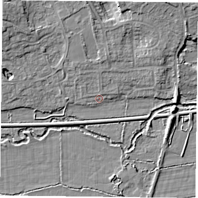 Shaded relief map of the ground around RG303NN, computed from Environment Agency LiDAR. The ground here sits at about 42 m above sea level and falls 11 m across the surrounding 800 m. Surface water reaching this point runs off ground lying to the north, 2.6 m higher.
