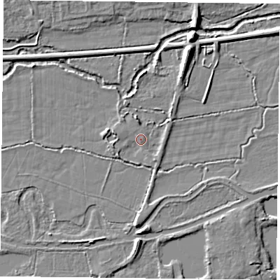 Shaded relief map of the ground around RG303RA, computed from Environment Agency LiDAR. The ground here sits at about 42 m above sea level and falls 8 m across the surrounding 800 m. Surface water reaching this point runs off ground lying to the west-south-west, 2.3 m higher.