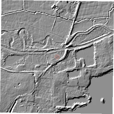 Shaded relief map of the ground around RG303RB, computed from Environment Agency LiDAR. The ground here sits at about 41 m above sea level and falls 6 m across the surrounding 800 m. Surface water reaching this point runs off ground lying to the east-north-east, 3.9 m higher.