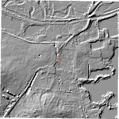 Shaded relief map of the ground around RG303RD, computed from Environment Agency LiDAR. The ground here sits at about 41 m above sea level and falls 7 m across the surrounding 800 m. Surface water reaching this point runs off ground lying to the west-south-west, 5.5 m higher.