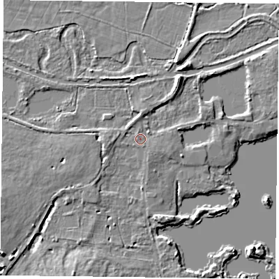 Shaded relief map of the ground around RG303RE, computed from Environment Agency LiDAR. The ground here sits at about 41 m above sea level and falls 6 m across the surrounding 800 m. Surface water reaching this point runs off ground lying to the west, 1.3 m higher.