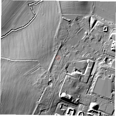 Shaded relief map of the ground around RG303RR, computed from Environment Agency LiDAR. The ground here sits at about 47 m above sea level and falls 15 m across the surrounding 800 m. Surface water reaching this point runs off ground lying to the south-south-west, 4.8 m higher.