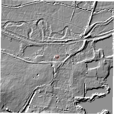 Shaded relief map of the ground around RG303SS, computed from Environment Agency LiDAR. The ground here sits at about 42 m above sea level and falls 7 m across the surrounding 800 m. Surface water reaching this point runs off ground lying to the east, 1.5 m higher.