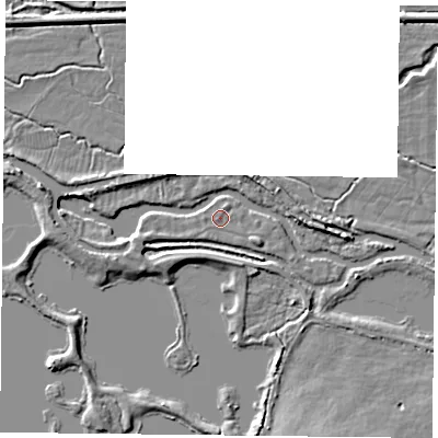 Shaded relief map of the ground around RG303SU, computed from Environment Agency LiDAR. The ground here sits at about 42 m above sea level and falls 5 m across the surrounding 800 m. Surface water reaching this point runs off ground lying to the east-south-east, 1.2 m higher.