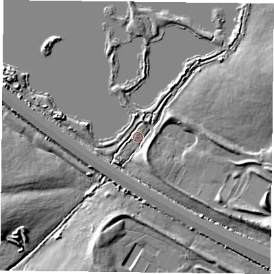 Shaded relief map of the ground around RG303TA, computed from Environment Agency LiDAR. The ground here sits at about 43 m above sea level and falls 11 m across the surrounding 800 m. Surface water reaching this point runs off ground lying to the south-east, 6.5 m higher.