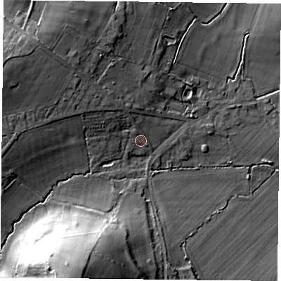 Shaded relief map of the ground around RG303TJ, computed from Environment Agency LiDAR. The ground here sits at about 54 m above sea level and falls 38 m across the surrounding 800 m. Surface water reaching this point runs off ground lying to the north-west, 4.2 m higher.