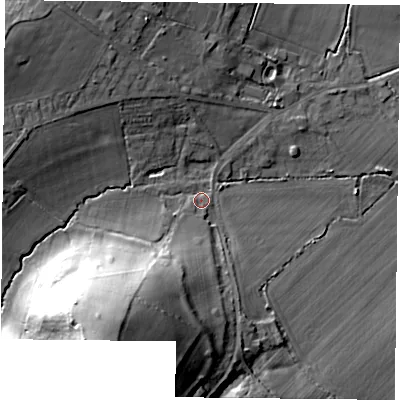 Shaded relief map of the ground around RG303TL, computed from Environment Agency LiDAR. The ground here sits at about 54 m above sea level and falls 37 m across the surrounding 800 m. Surface water reaching this point runs off ground lying to the south-west, 33.3 m higher.