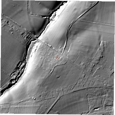 Shaded relief map of the ground around RG303TN, computed from Environment Agency LiDAR. The ground here sits at about 62 m above sea level and falls 16 m across the surrounding 800 m. Surface water reaching this point runs off ground lying to the south-south-west, 3.9 m higher.