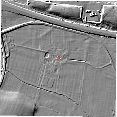 Shaded relief map of the ground around RG303UE, computed from Environment Agency LiDAR. The ground here sits at about 41 m above sea level and falls 8 m across the surrounding 800 m. Surface water reaching this point runs off ground lying to the west-north-west, 1.9 m higher.