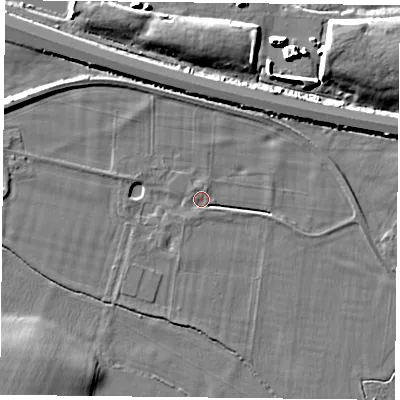 Shaded relief map of the ground around RG303UF, computed from Environment Agency LiDAR. The ground here sits at about 41 m above sea level and falls 8 m across the surrounding 800 m. Surface water reaching this point runs off ground lying to the west, 2.5 m higher.