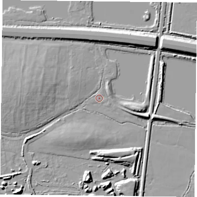 Shaded relief map of the ground around RG303UG, computed from Environment Agency LiDAR. The ground here sits at about 39 m above sea level and falls 9 m across the surrounding 800 m. Surface water reaching this point runs off ground lying to the west, 7.0 m higher.