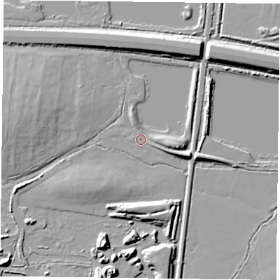 Shaded relief map of the ground around RG303UH, computed from Environment Agency LiDAR. The ground here sits at about 39 m above sea level and falls 9 m across the surrounding 800 m. Surface water reaching this point runs off ground lying to the north-north-east, 7.9 m higher.