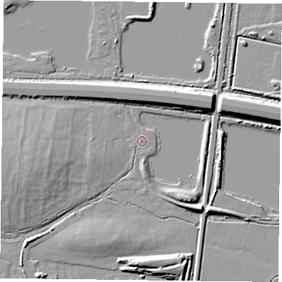 Shaded relief map of the ground around RG303UJ, computed from Environment Agency LiDAR. The ground here sits at about 39 m above sea level and falls 8 m across the surrounding 800 m. Surface water reaching this point runs off ground lying to the south, 2.8 m higher.