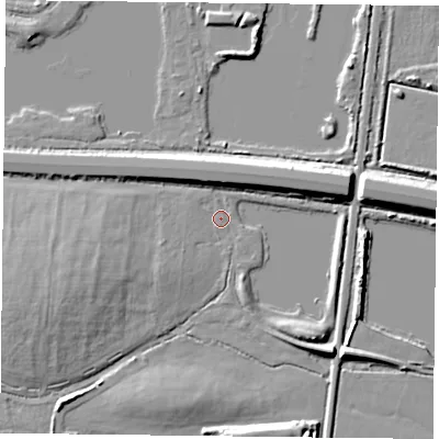 Shaded relief map of the ground around RG303UL, computed from Environment Agency LiDAR. The ground here sits at about 39 m above sea level and falls 8 m across the surrounding 800 m. Surface water reaching this point runs off ground lying to the south-west, 3.8 m higher.