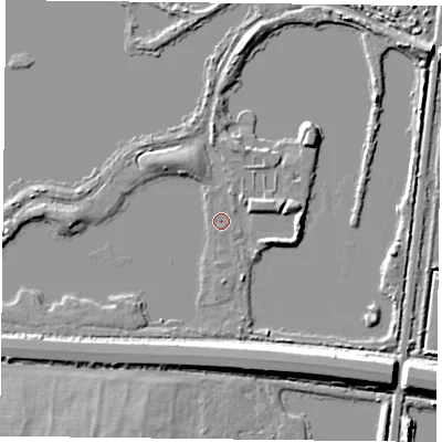 Shaded relief map of the ground around RG303UN, computed from Environment Agency LiDAR. The ground here sits at about 39 m above sea level and falls 8 m across the surrounding 800 m. Surface water reaching this point runs off ground lying to the north-west, 3.0 m higher.