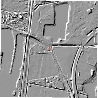 Shaded relief map of the ground around RG303UT, computed from Environment Agency LiDAR. The ground here sits at about 39 m above sea level and falls 8 m across the surrounding 800 m. Surface water reaching this point runs off ground lying to the north-west, 7.3 m higher.