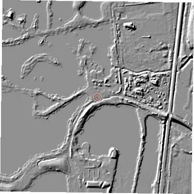 Shaded relief map of the ground around RG303UW, computed from Environment Agency LiDAR. The ground here sits at about 40 m above sea level and falls 8 m across the surrounding 800 m. Surface water reaching this point runs off ground lying to the east-north-east, 4.0 m higher.