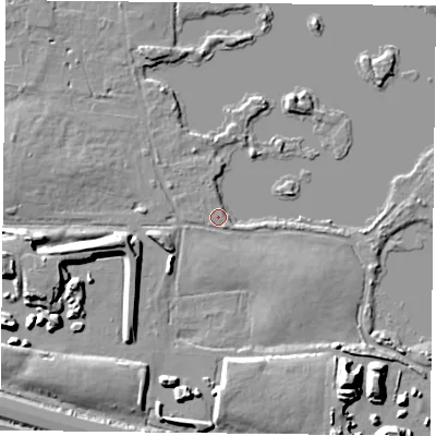 Shaded relief map of the ground around RG303XD, computed from Environment Agency LiDAR. The ground here sits at about 41 m above sea level and falls 14 m across the surrounding 800 m. Surface water reaching this point runs off ground lying to the east, 2.5 m higher.