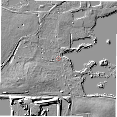 Shaded relief map of the ground around RG303XJ, computed from Environment Agency LiDAR. The ground here sits at about 41 m above sea level and falls 14 m across the surrounding 800 m. Surface water reaching this point runs off ground lying to the south-west, 3.7 m higher.