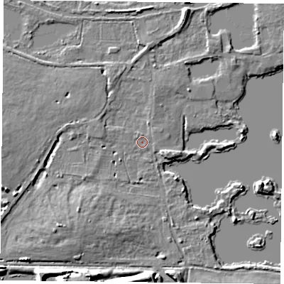 Shaded relief map of the ground around RG303XL, computed from Environment Agency LiDAR. The ground here sits at about 41 m above sea level and falls 12 m across the surrounding 800 m. Surface water reaching this point runs off ground lying to the west, 3.6 m higher.