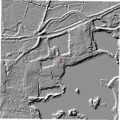 Shaded relief map of the ground around RG303XN, computed from Environment Agency LiDAR. The ground here sits at about 42 m above sea level and falls 6 m across the surrounding 800 m. Surface water reaching this point runs off ground lying to the north-north-west, 1.0 m higher.