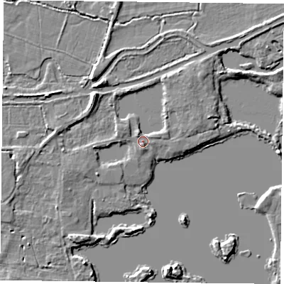 Shaded relief map of the ground around RG303XP, computed from Environment Agency LiDAR. The ground here sits at about 41 m above sea level and falls 6 m across the surrounding 800 m. Surface water reaching this point runs off ground lying to the north-west, 4.3 m higher.