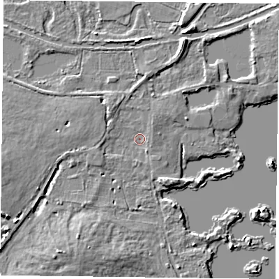 Shaded relief map of the ground around RG303XT, computed from Environment Agency LiDAR. The ground here sits at about 41 m above sea level and falls 7 m across the surrounding 800 m. Surface water reaching this point runs off ground lying to the west, 3.8 m higher.