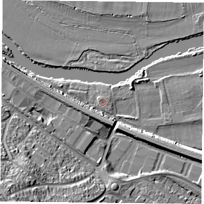 Shaded relief map of the ground around RG306AX, computed from Environment Agency LiDAR. The ground here sits at about 39 m above sea level and falls 28 m across the surrounding 800 m. Surface water reaching this point runs off ground lying to the north-west, 0.7 m higher.