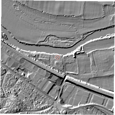 Shaded relief map of the ground around RG306AY, computed from Environment Agency LiDAR. The ground here sits at about 38 m above sea level and falls 25 m across the surrounding 800 m. Surface water reaching this point runs off ground lying to the east, 4.2 m higher.