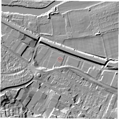 Shaded relief map of the ground around RG306BX, computed from Environment Agency LiDAR. The ground here sits at about 39 m above sea level and falls 24 m across the surrounding 800 m. Surface water reaching this point runs off ground lying to the south-south-east, 1.6 m higher.