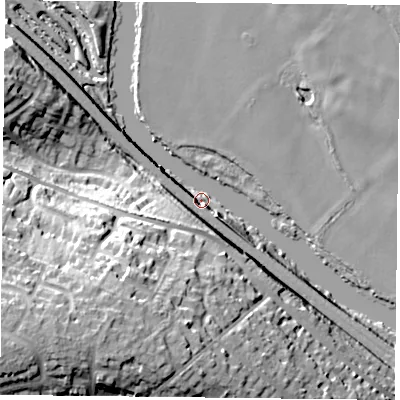 Shaded relief map of the ground around RG316TG, computed from Environment Agency LiDAR. The ground here sits at about 39 m above sea level and falls 40 m across the surrounding 800 m. Surface water reaching this point runs off ground lying to the south-west, 38.1 m higher.