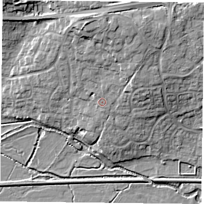 Shaded relief map of the ground around RG317RS, computed from Environment Agency LiDAR. The ground here sits at about 50 m above sea level and falls 20 m across the surrounding 800 m. Surface water reaching this point runs off ground lying to the north-east, 6.5 m higher.