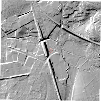 Shaded relief map of the ground around RG402AS, computed from Environment Agency LiDAR. The ground here sits at about 50 m above sea level and falls 21 m across the surrounding 800 m. Surface water reaching this point runs off ground lying to the east, 11.5 m higher.