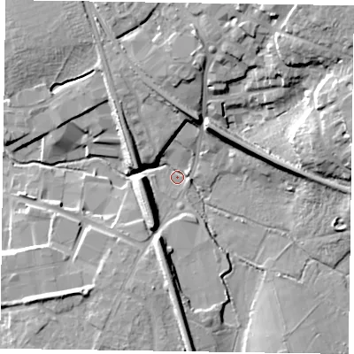 Shaded relief map of the ground around RG402DY, computed from Environment Agency LiDAR. The ground here sits at about 50 m above sea level and falls 22 m across the surrounding 800 m. Surface water reaching this point runs off ground lying to the north-east, 21.4 m higher.