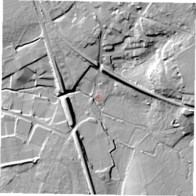 Shaded relief map of the ground around RG402NS, computed from Environment Agency LiDAR. The ground here sits at about 50 m above sea level and falls 22 m across the surrounding 800 m. Surface water reaching this point runs off ground lying to the east, 14.1 m higher.