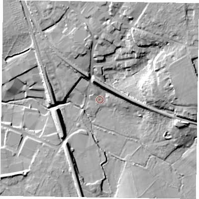 Shaded relief map of the ground around RG402NX, computed from Environment Agency LiDAR. The ground here sits at about 51 m above sea level and falls 23 m across the surrounding 800 m. Surface water reaching this point runs off ground lying to the north-north-east, 9.6 m higher.