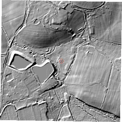 Shaded relief map of the ground around RG403BF, computed from Environment Agency LiDAR. The ground here sits at about 57 m above sea level and falls 12 m across the surrounding 800 m. Surface water reaching this point runs off ground lying to the east-south-east, 1.3 m higher.