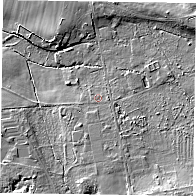 Shaded relief map of the ground around RG403BU, computed from Environment Agency LiDAR. The ground here sits at about 68 m above sea level and falls 15 m across the surrounding 800 m. Surface water reaching this point runs off ground lying to the south-south-east, 2.7 m higher.