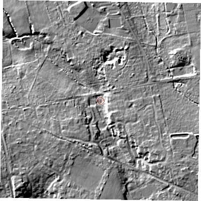 Shaded relief map of the ground around RG403DY, computed from Environment Agency LiDAR. The ground here sits at about 68 m above sea level and falls 14 m across the surrounding 800 m. Surface water reaching this point runs off ground lying to the south-east, 9.8 m higher.