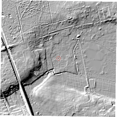 Shaded relief map of the ground around RG403GL, computed from Environment Agency LiDAR. The ground here sits at about 63 m above sea level and falls 10 m across the surrounding 800 m. Surface water reaching this point runs off ground lying to the west, 6.7 m higher.