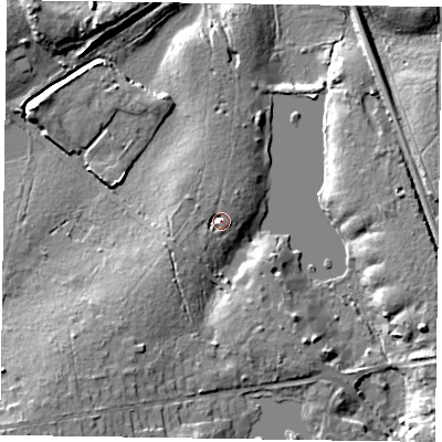 Shaded relief map of the ground around RG403LS, computed from Environment Agency LiDAR. The ground here sits at about 64 m above sea level and falls 14 m across the surrounding 800 m. Surface water reaching this point runs off ground lying to the west-south-west, 4.3 m higher.