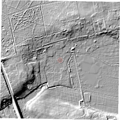 Shaded relief map of the ground around RG403LZ, computed from Environment Agency LiDAR. The ground here sits at about 63 m above sea level and falls 9 m across the surrounding 800 m. Surface water reaching this point runs off ground lying to the west, 8.2 m higher.