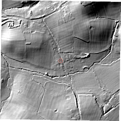 Shaded relief map of the ground around RG404PJ, computed from Environment Agency LiDAR. The ground here sits at about 51 m above sea level and falls 23 m across the surrounding 800 m. Surface water reaching this point runs off ground lying to the north-north-east, 19.0 m higher.