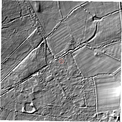 Shaded relief map of the ground around RG404QS, computed from Environment Agency LiDAR. The ground here sits at about 50 m above sea level and falls 11 m across the surrounding 800 m. Surface water reaching this point runs off ground lying to the east-south-east, 8.9 m higher.