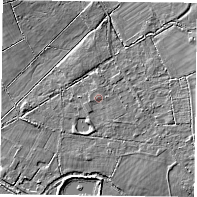 Shaded relief map of the ground around RG404QT, computed from Environment Agency LiDAR. The ground here sits at about 51 m above sea level and falls 6 m across the surrounding 800 m. Surface water reaching this point runs off ground lying to the east, 1.5 m higher.