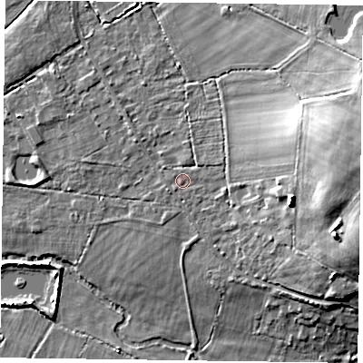 Shaded relief map of the ground around RG404RA, computed from Environment Agency LiDAR. The ground here sits at about 51 m above sea level and falls 15 m across the surrounding 800 m. Surface water reaching this point runs off ground lying to the east, 11.6 m higher.