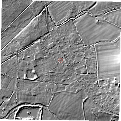 Shaded relief map of the ground around RG404RD, computed from Environment Agency LiDAR. The ground here sits at about 51 m above sea level and falls 12 m across the surrounding 800 m. Surface water reaching this point runs off ground lying to the north-east, 0.9 m higher.