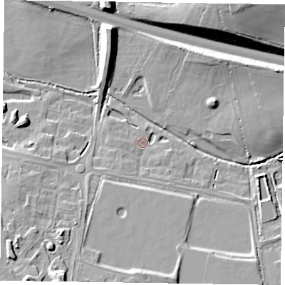 Shaded relief map of the ground around RG405AU, computed from Environment Agency LiDAR. The ground here sits at about 48 m above sea level and falls 20 m across the surrounding 800 m. Surface water reaching this point runs off ground lying to the south, 10.4 m higher.